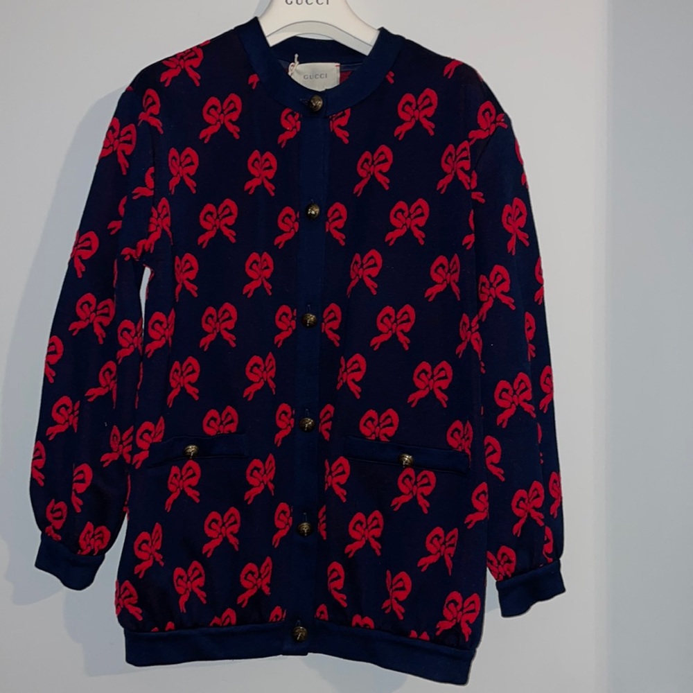 Gucci Navy and Red Bow Cardigan
